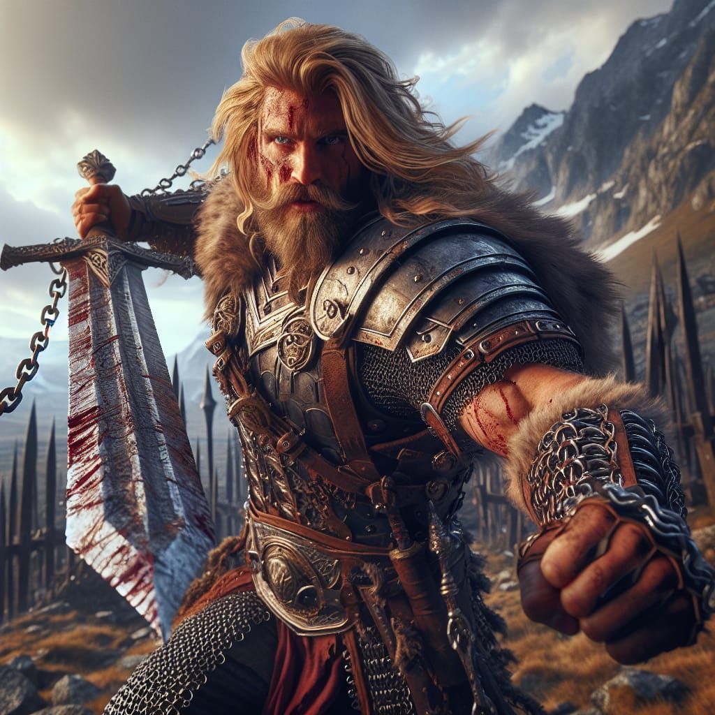 Scandinavian Warrior Assaults Orc in High-Fantasy Battle