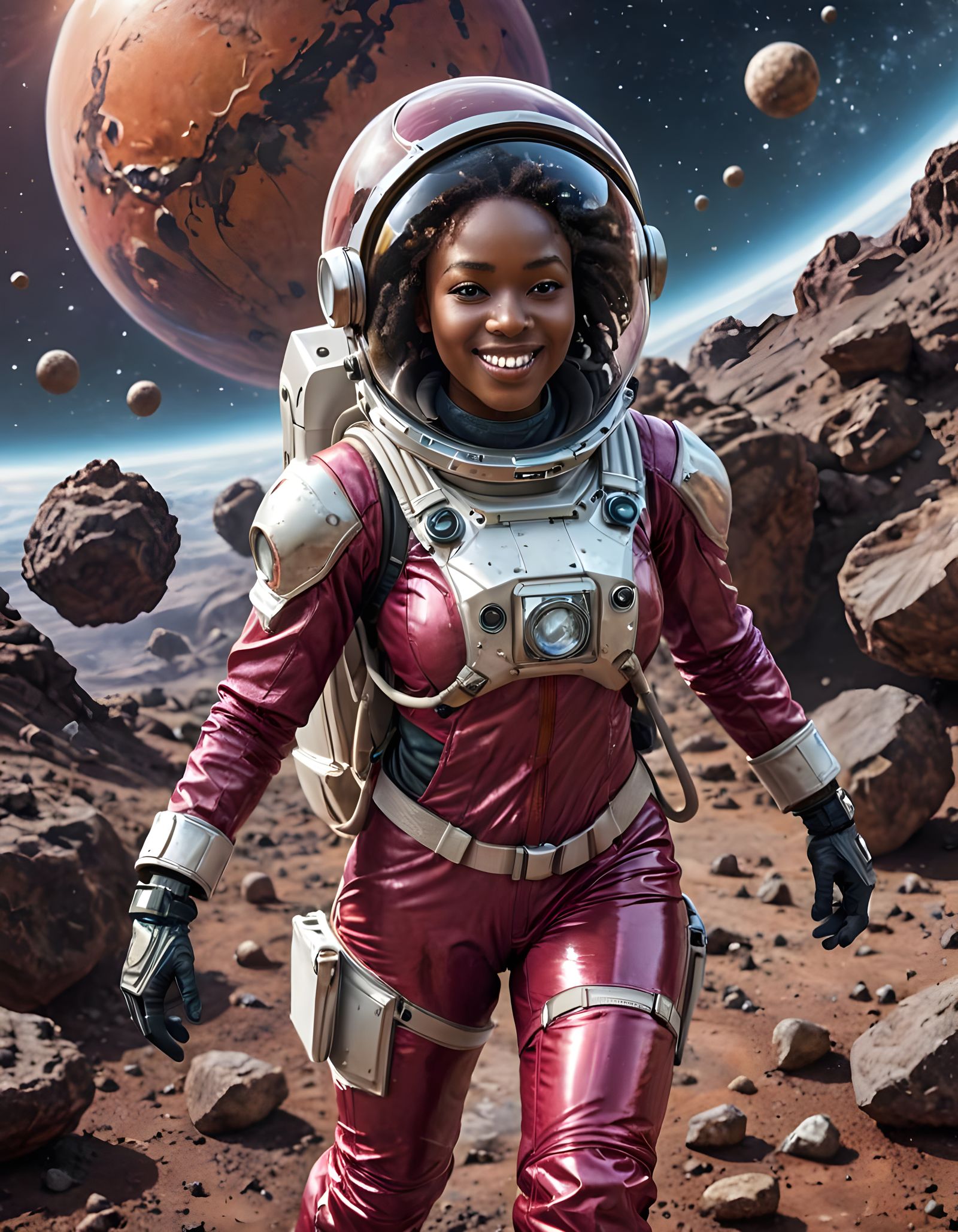 Joyful Senegalese Astronaut on Asteroid in Cerise Spacesuit
