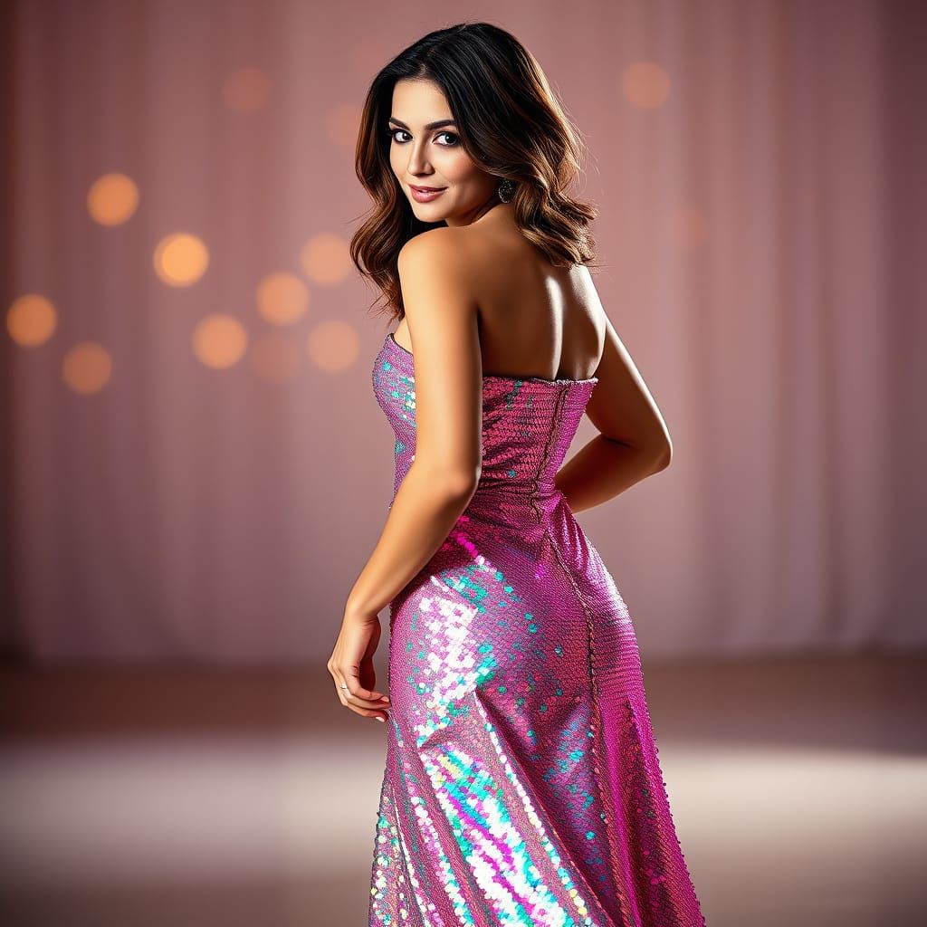 Glamorous Woman in Iridescent Sequin Gown