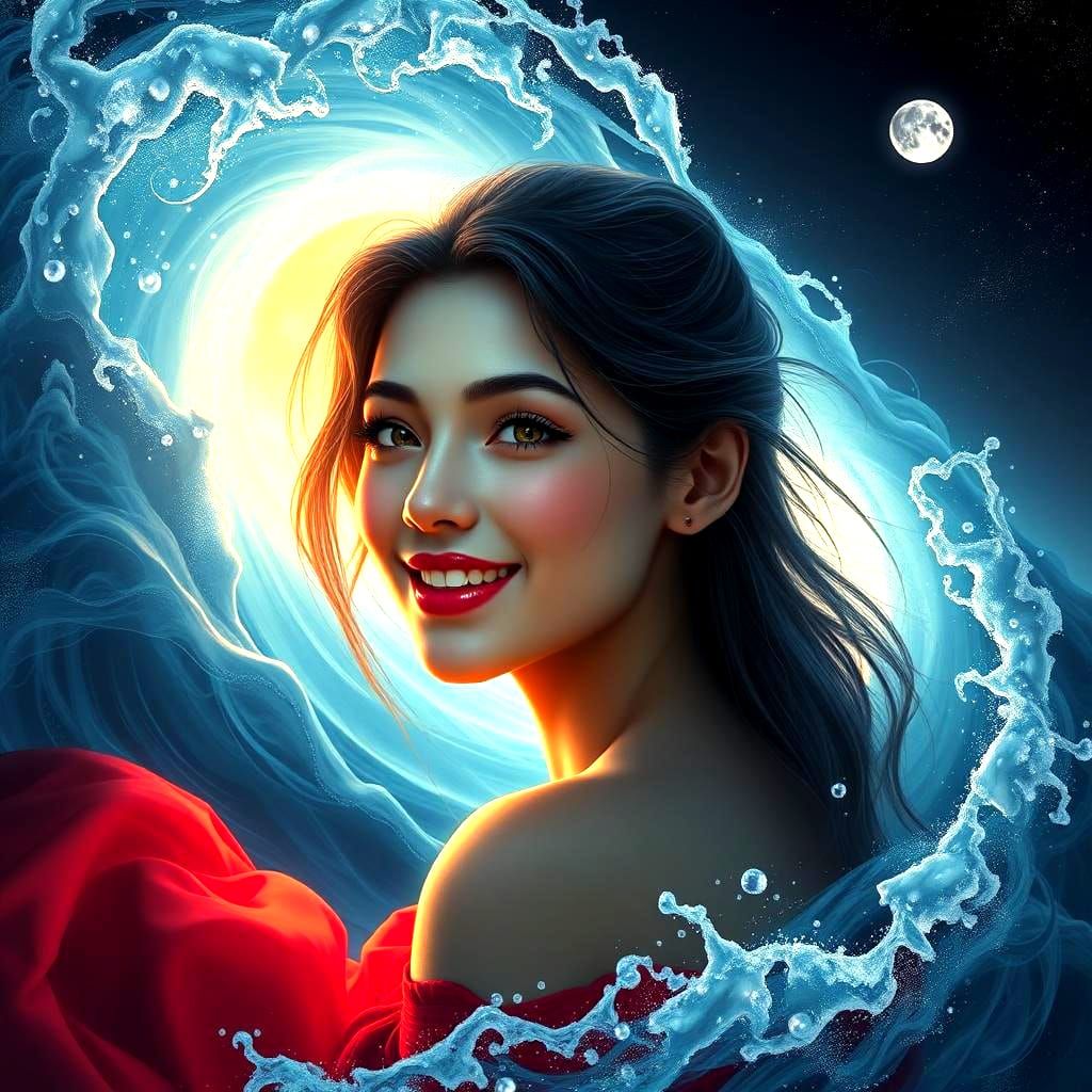 Ocean Waves Woman in Red Dress: Detailed Matte Painting