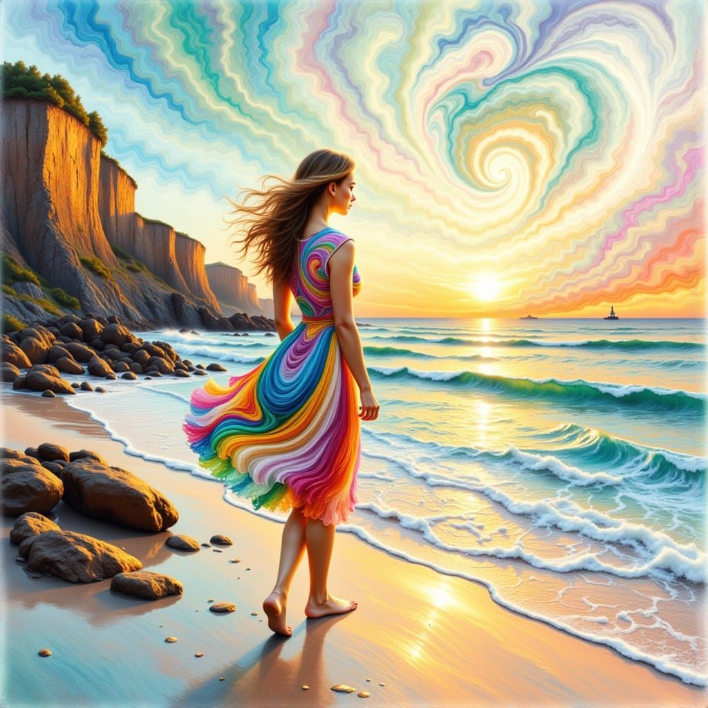 Swirling Beach Scene with Lighthouse in Watercolor Style