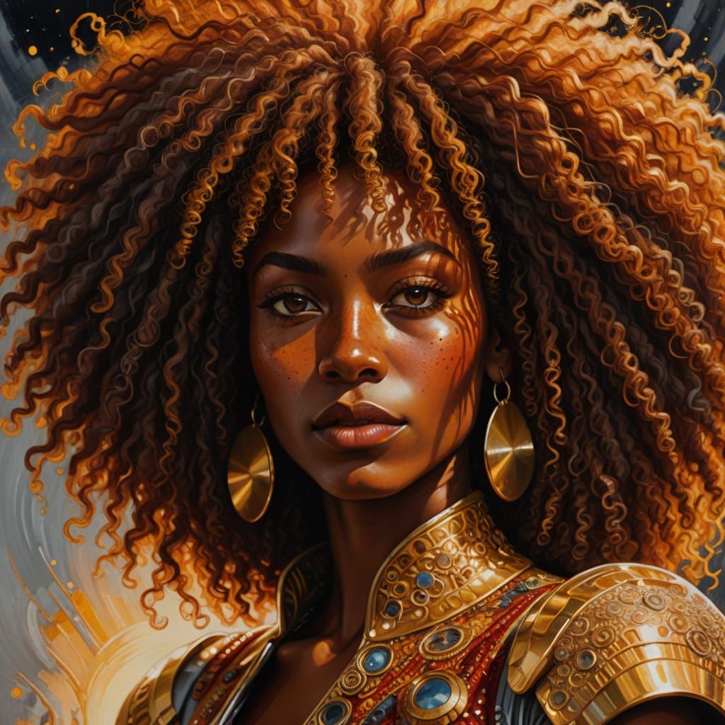 Confident Afrofuturist Goddess Radiates Golden Hour Splendor