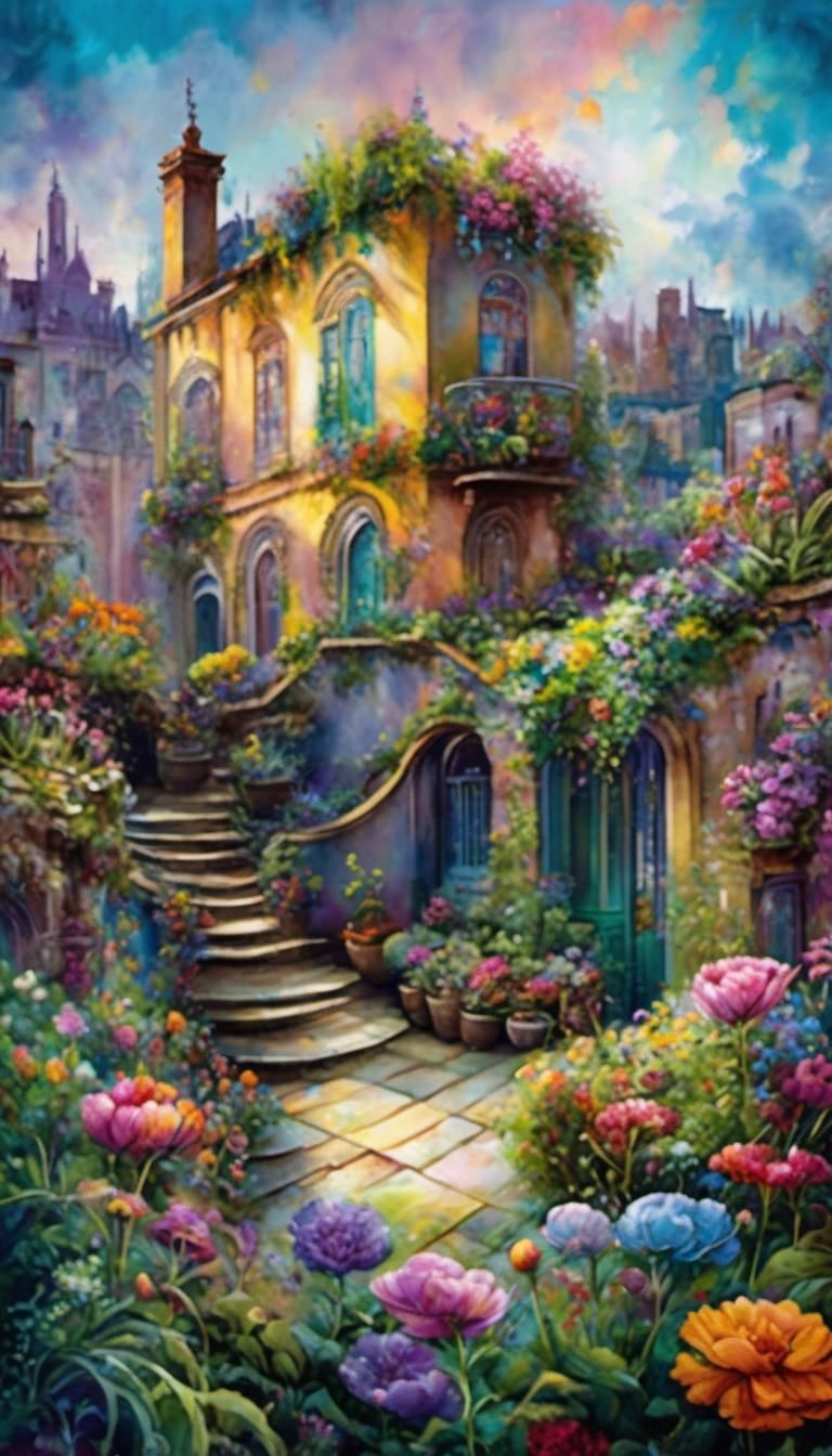 Whimsical Rooftop Garden in Watercolour Style