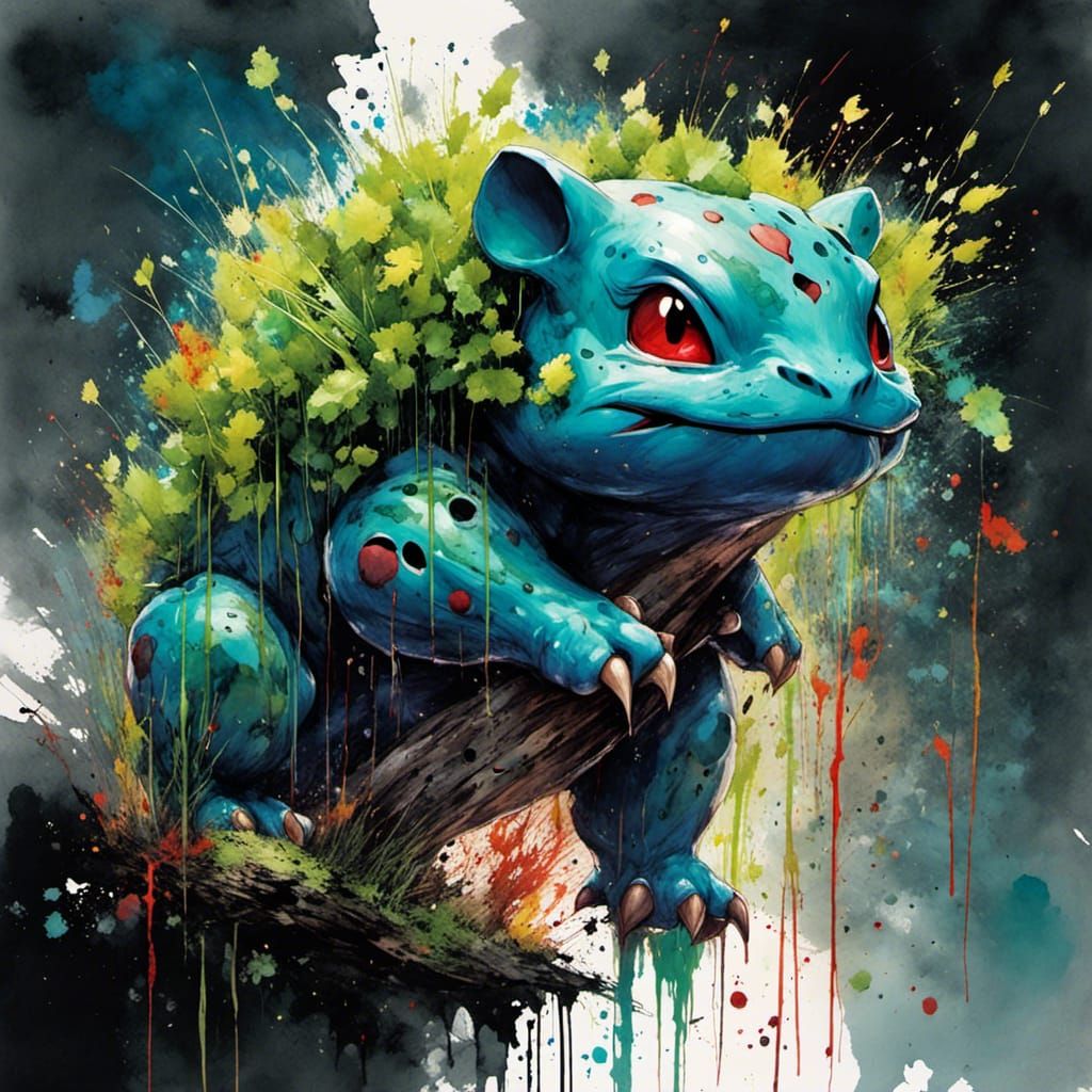 Bulbasaur Splash Art with Watercolor Ink Splatter