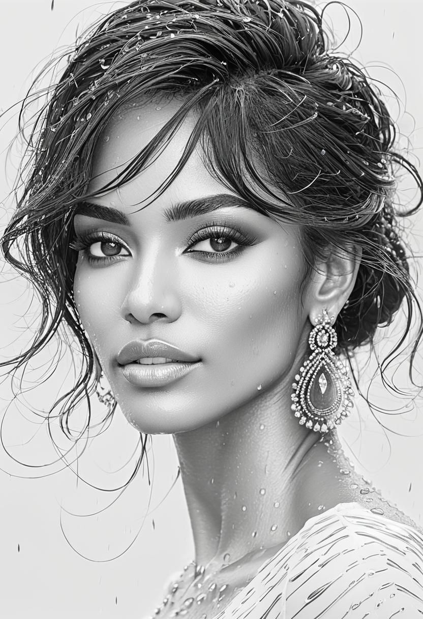 Photorealistic Model in Rain, Black and White
