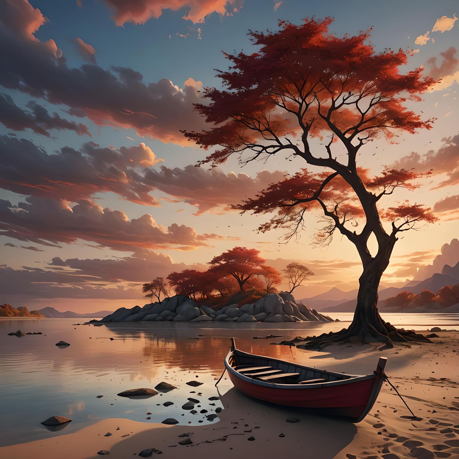 Fishing Boat on Lagoon at Sunset: Detailed Matte Painting
