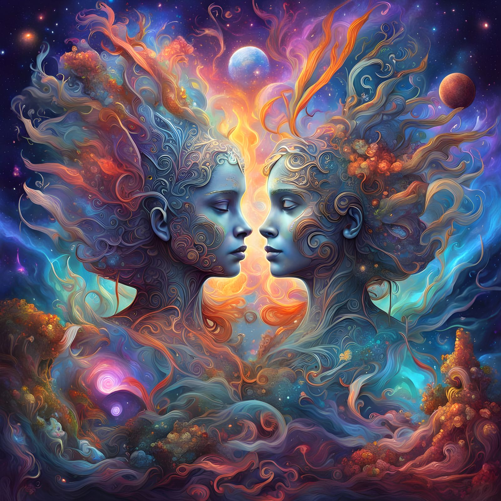 Holographic Astral Illustration in Pablo Amaringo Style