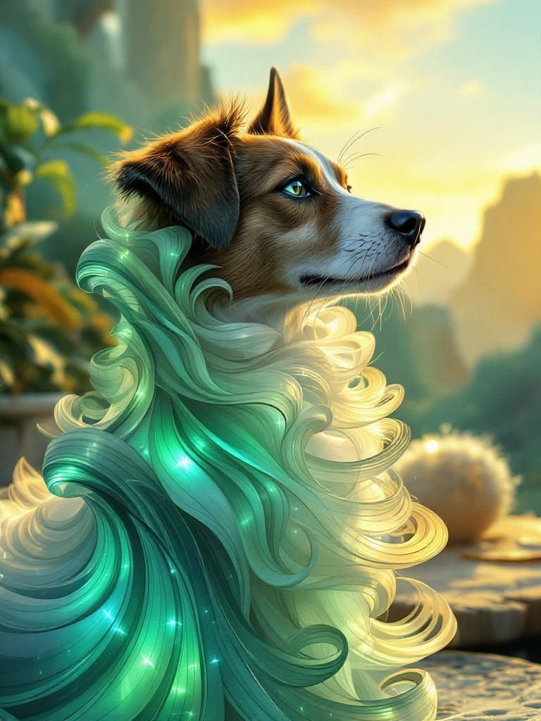 Dog Bathed in Dawn Light with Flowing Teal Ribbons