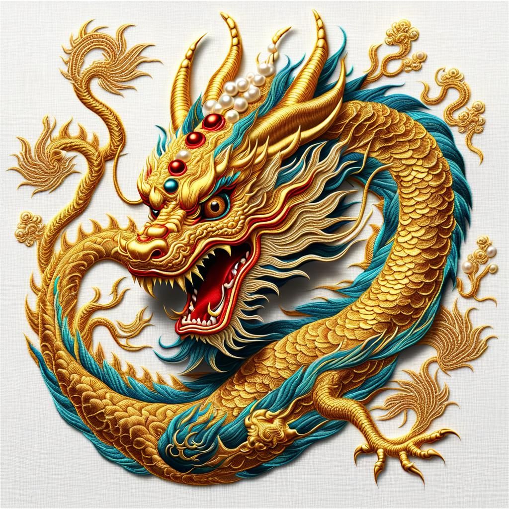 Hyperdetailed Three-Dimensional Golden Chinese Dragon Embroi...
