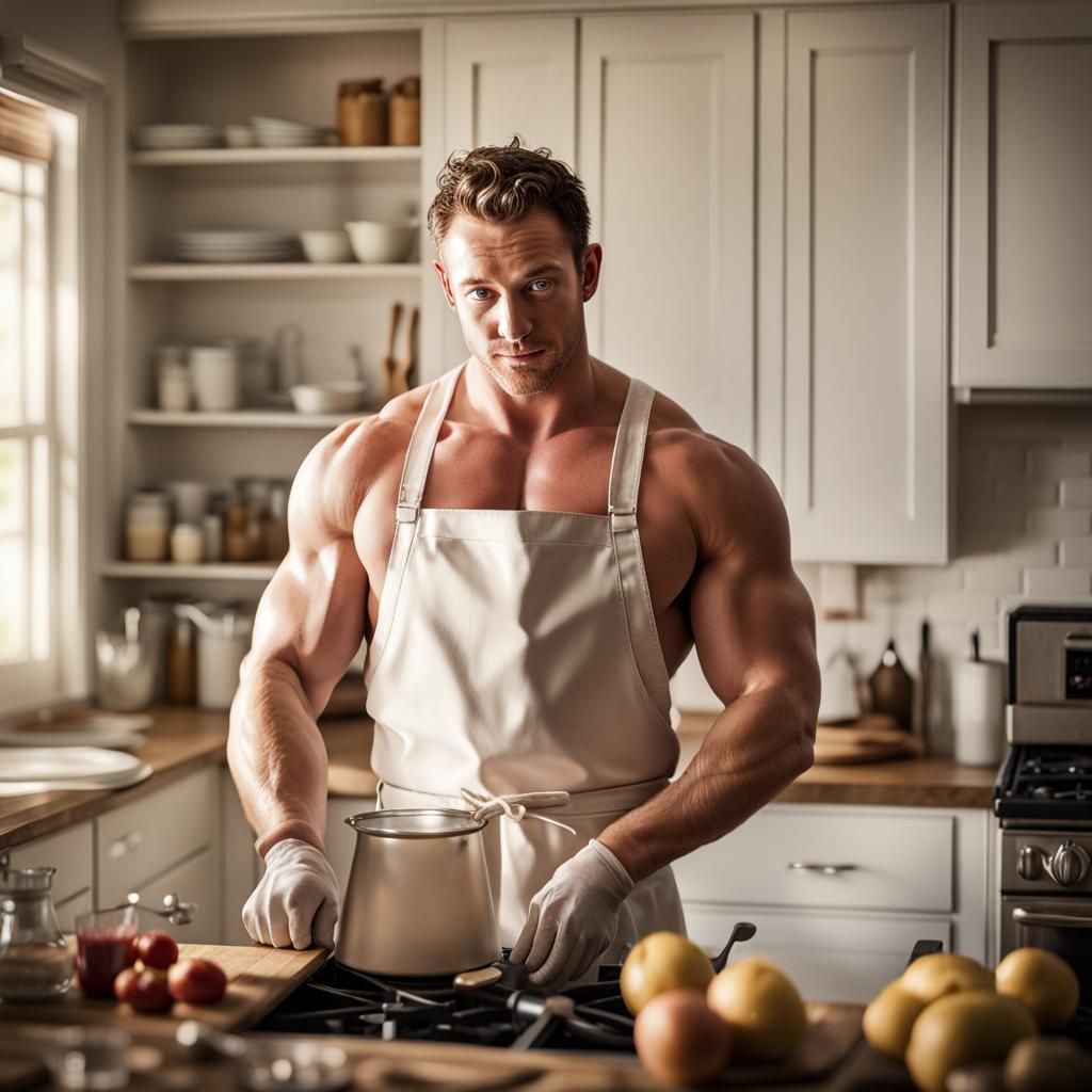 Muscular Chef in Apron Cooking Breakfast