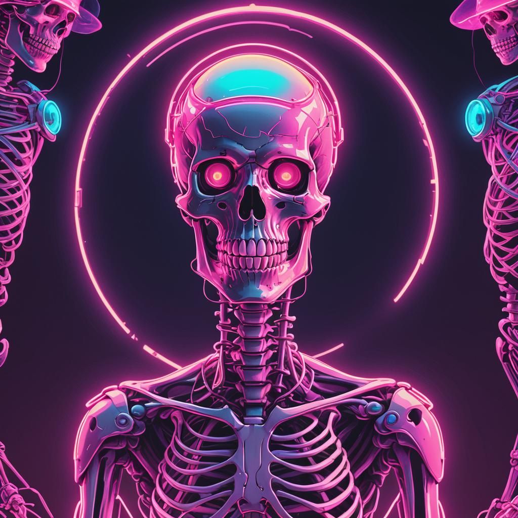 Synthwave Skeleton with Halo in Neon Retro Style