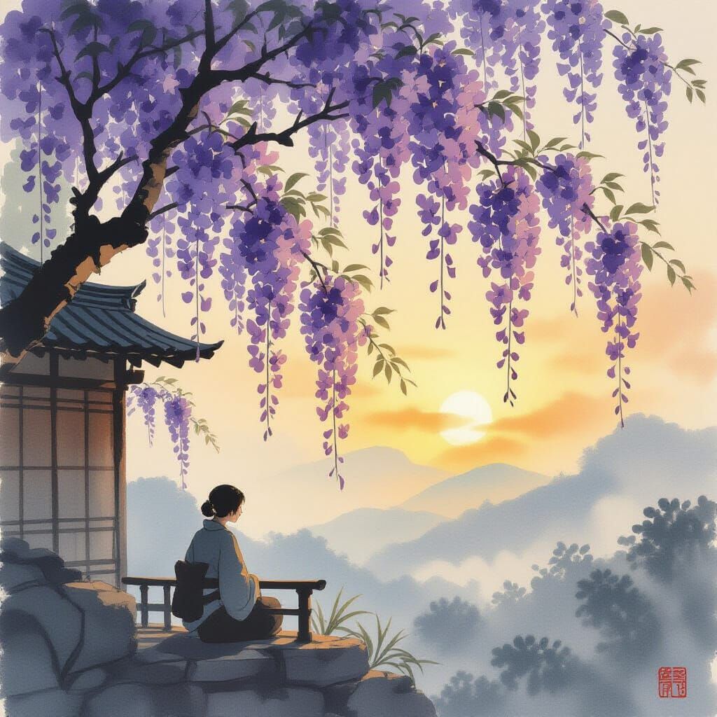 Wisteria Blossoms in Gentle Summer Breeze: Japanese Aestheti...