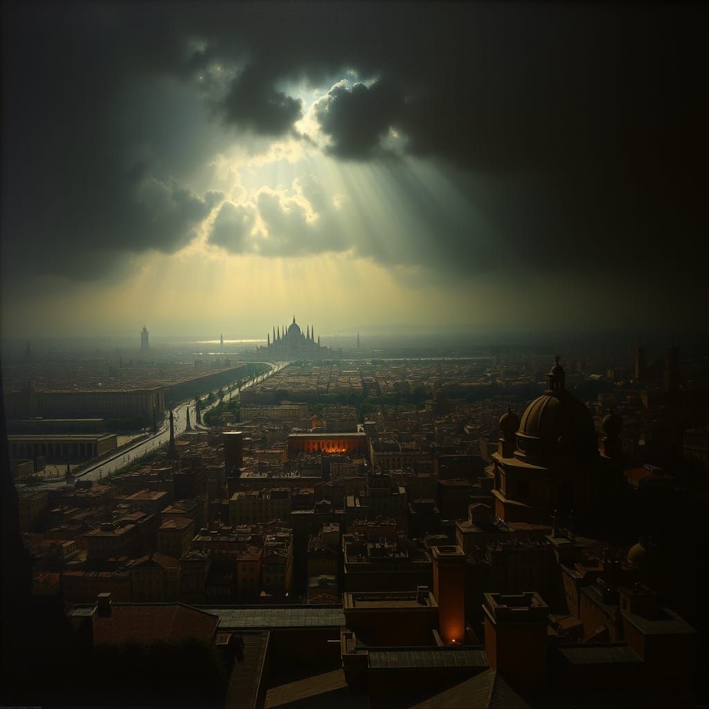 Chiaroscuro Cityscape in Zurbarán Style Oil Painting