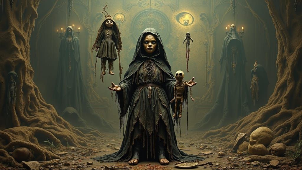 Babushka Conjuring Voodoo Magic in Ruins