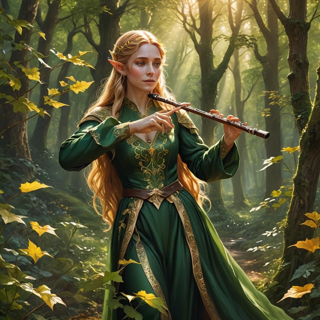 Elf with Flute in Forest Clearing: Hyperrealistic Art