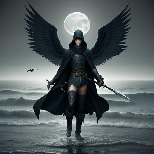 Aasimar Rogue in Flight Against Moonlit Sky