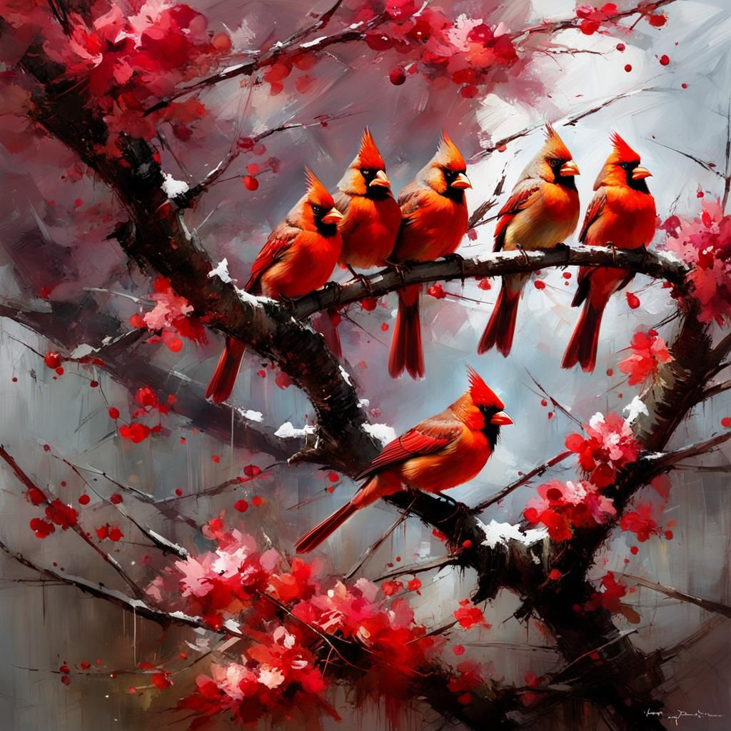 Cardinals in Cherry Tree: Impasto Style Painting