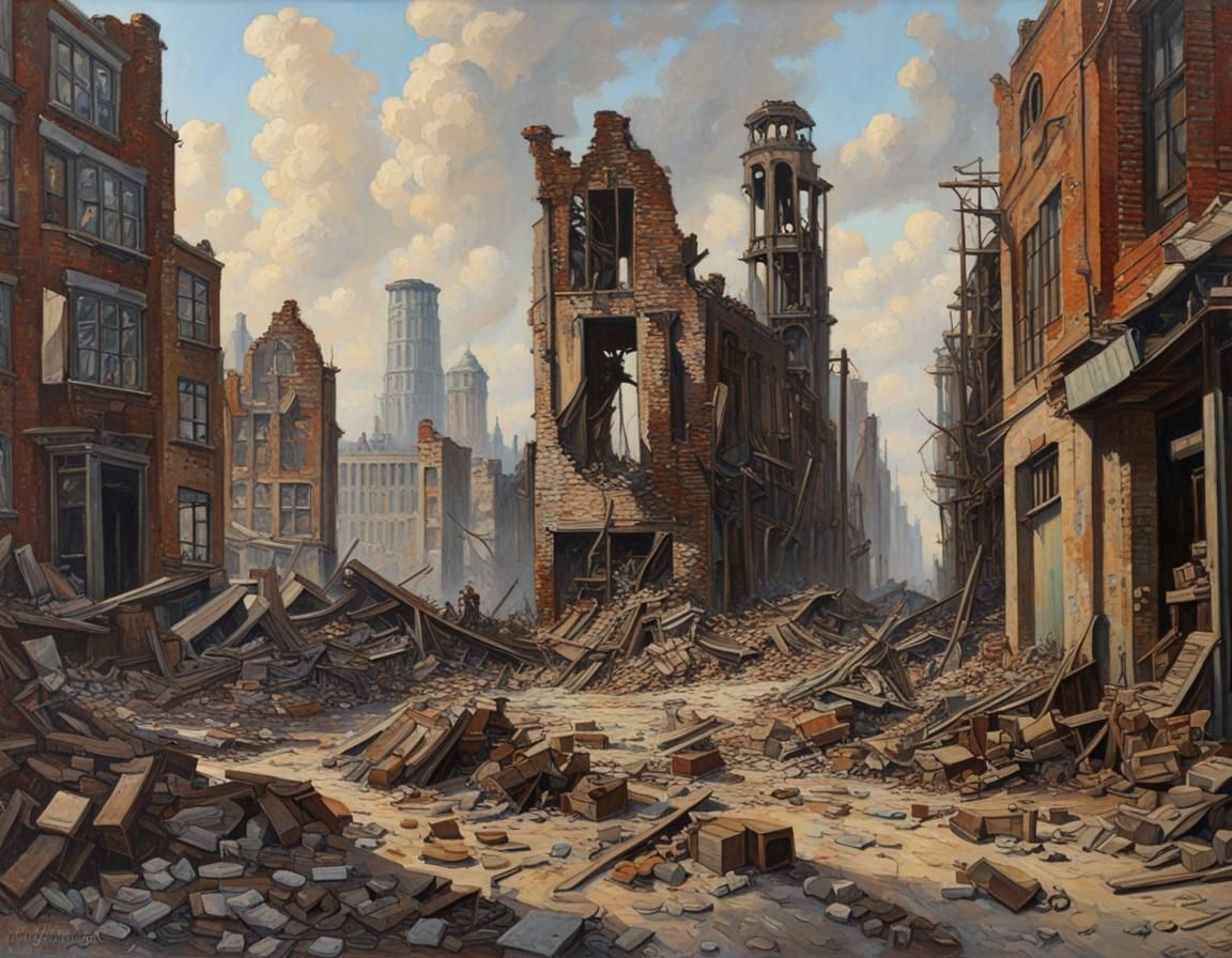 Ruins of Rotterdam Bombardment: Hyperrealistic Oil Painting