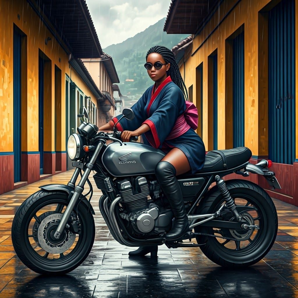 Biker Girl Rides in Rainy Bogota, Hyperrealistic Art