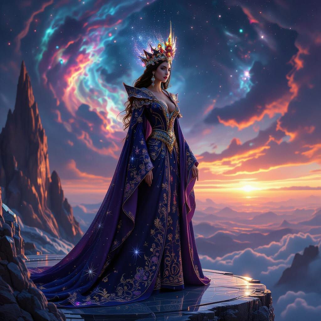 Andromeda Queen Overlooking Cosmic Vista in Jewel Tones