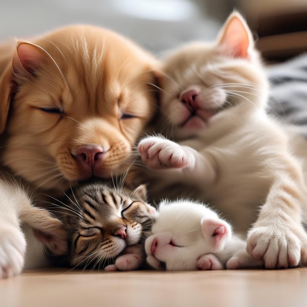 Cute Kittens Annoying Sleeping Dog: A Playful Scene