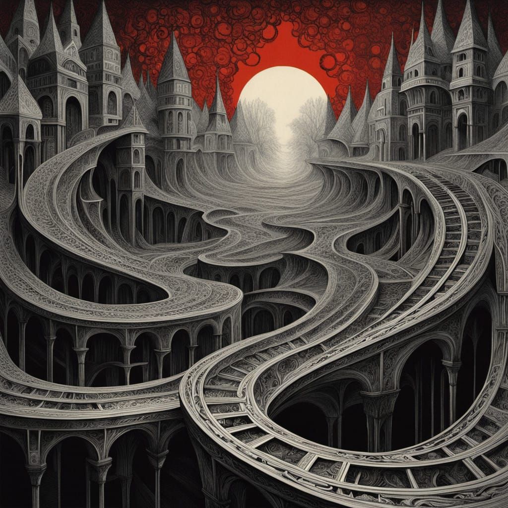 Surreal, Dreamlike Scene in Dark, Metallic Hues with Crimson...