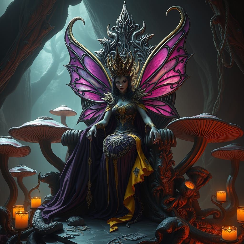 Dark Elf Fairy Queen on Mushroom Throne