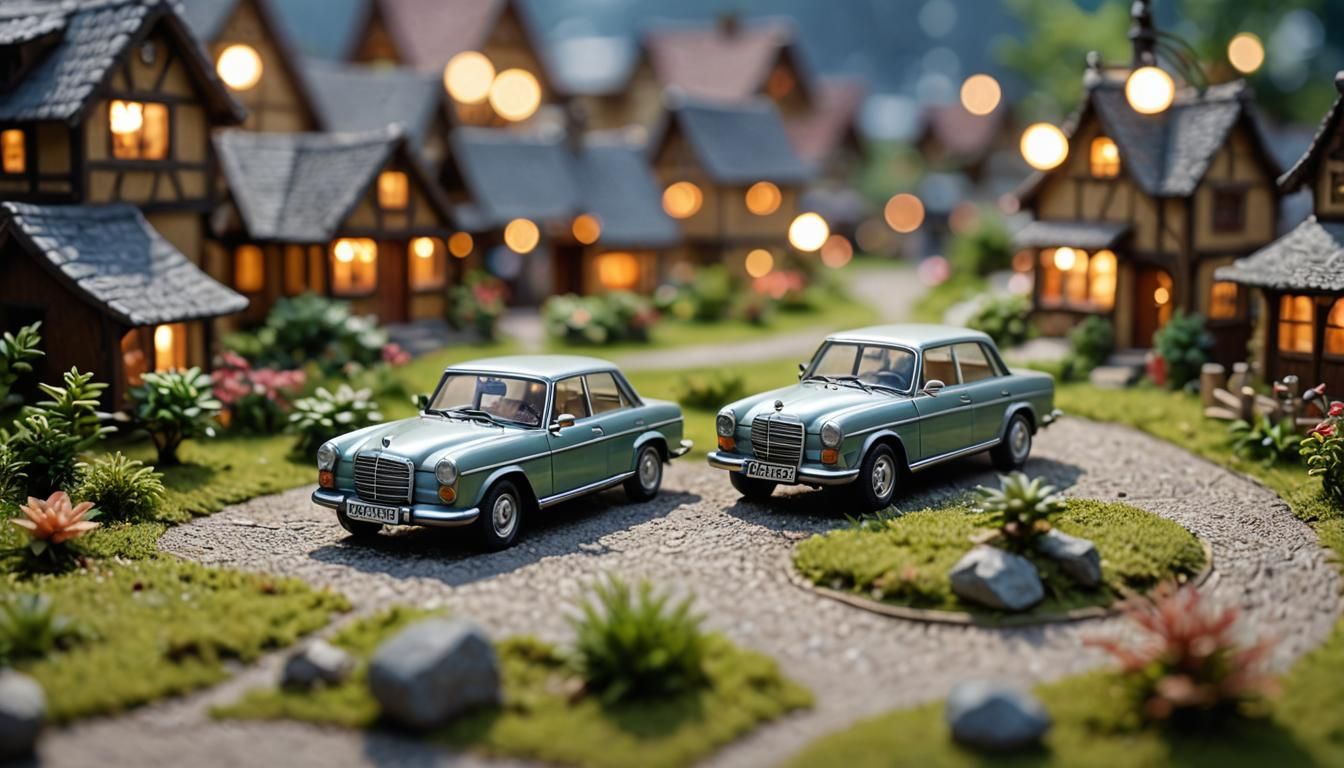 Miniature 3D Benz in Picturesque Village, Morning Light