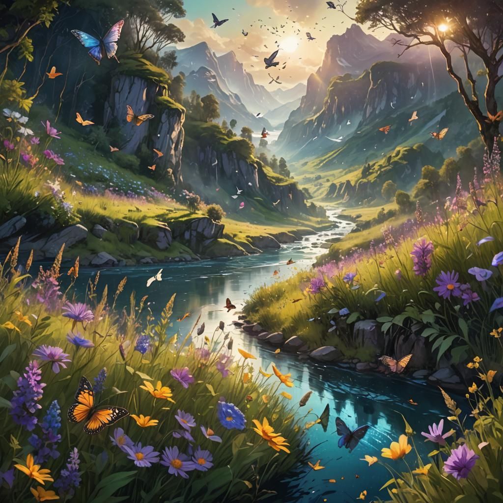 Lush Mountain River Landscape in Fantasy Art Style
