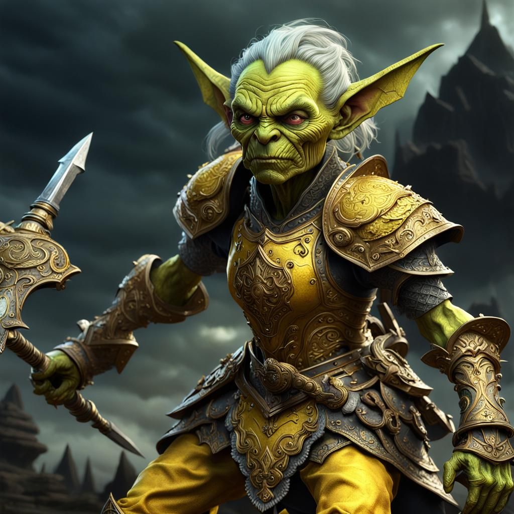 Female Goblin Warrior in Rococo Armor, Hyperdetailed Portrai...
