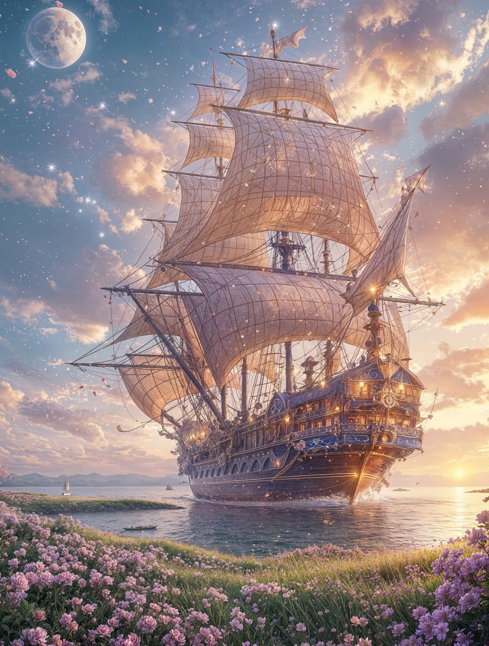 (fantasy aesthetic:1.8) massive Full-rigged ship, its sails ...