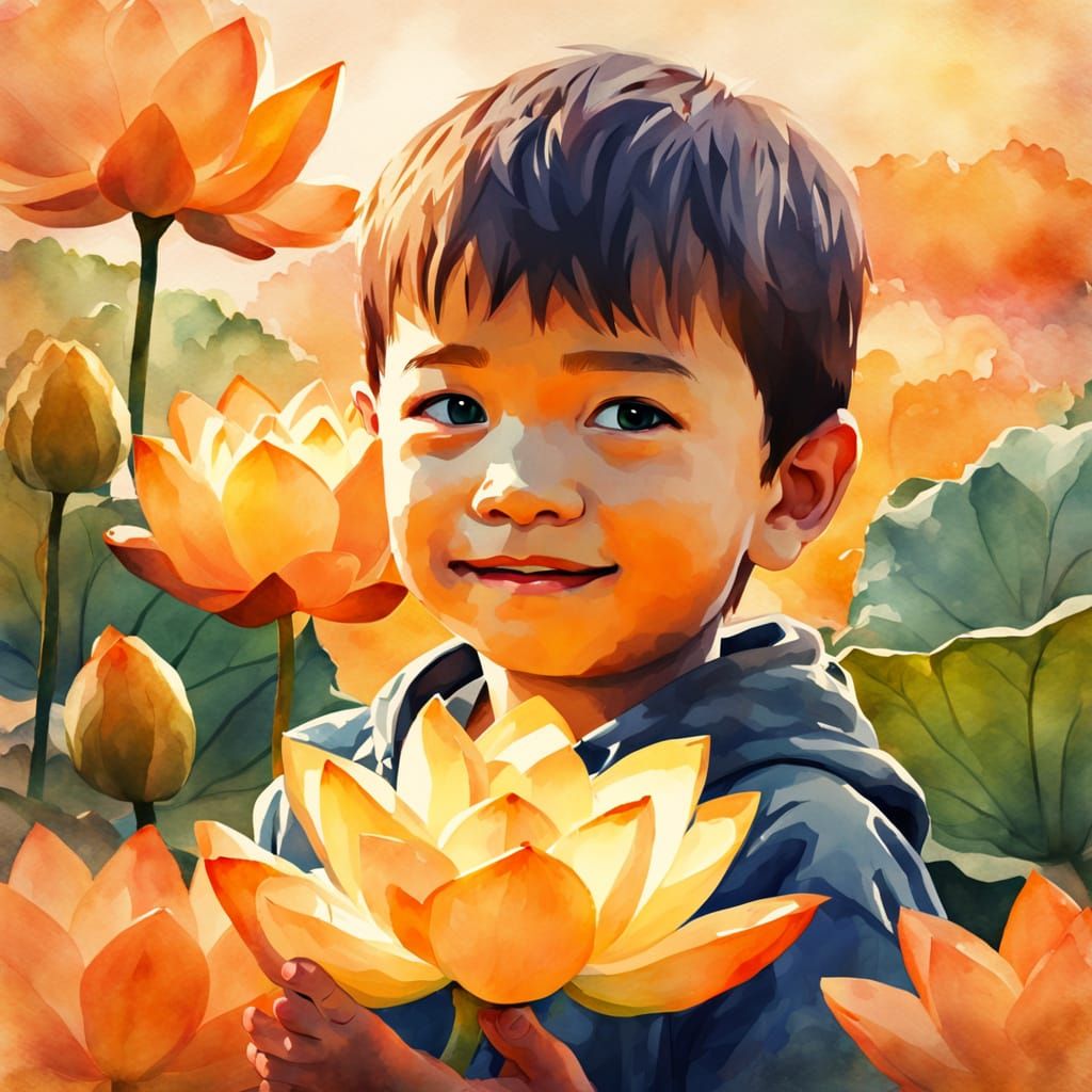 Whimsical Watercolor Boy Holds a Vibrant Lotus