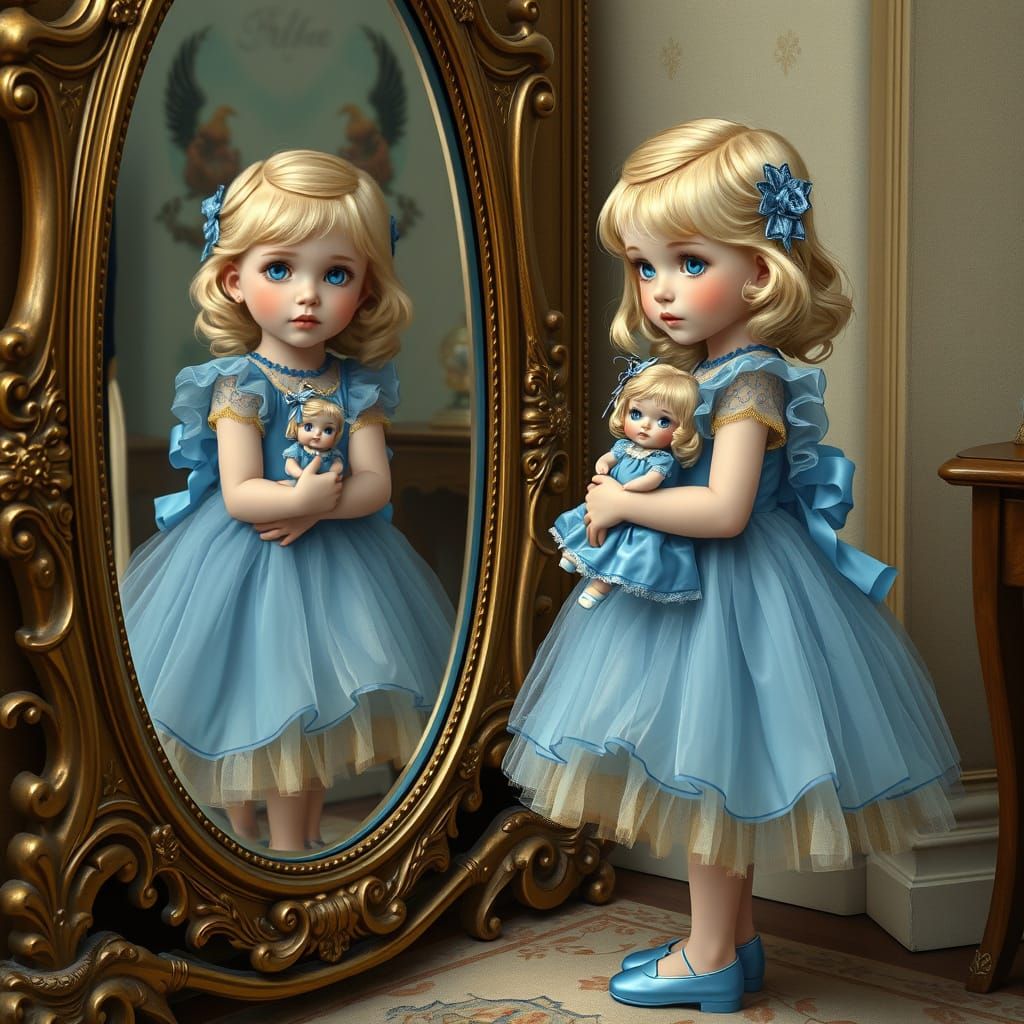 Girl in Blue Dress: Art Nouveau Illustration