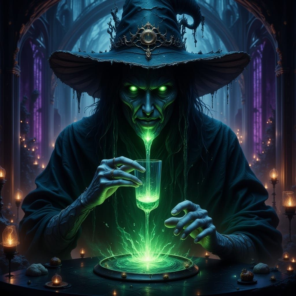 Witch Drinks Eerie Potion in Shadowy Chamber
