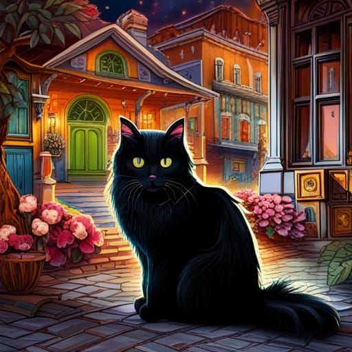 Chibi Black Cat Near a Lovely House