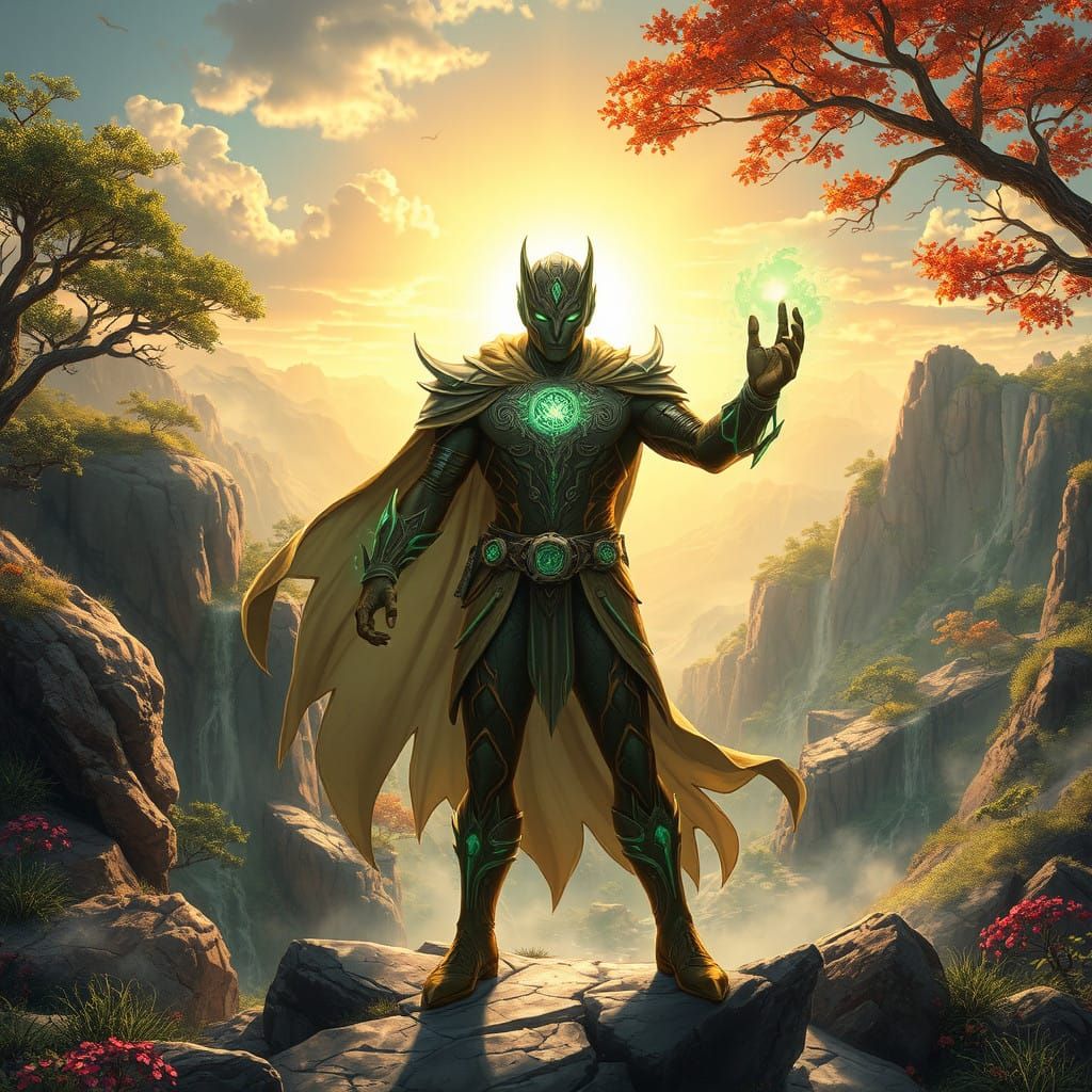 Ethereal Earth Hero in Earthy Costume with Emerald Accents