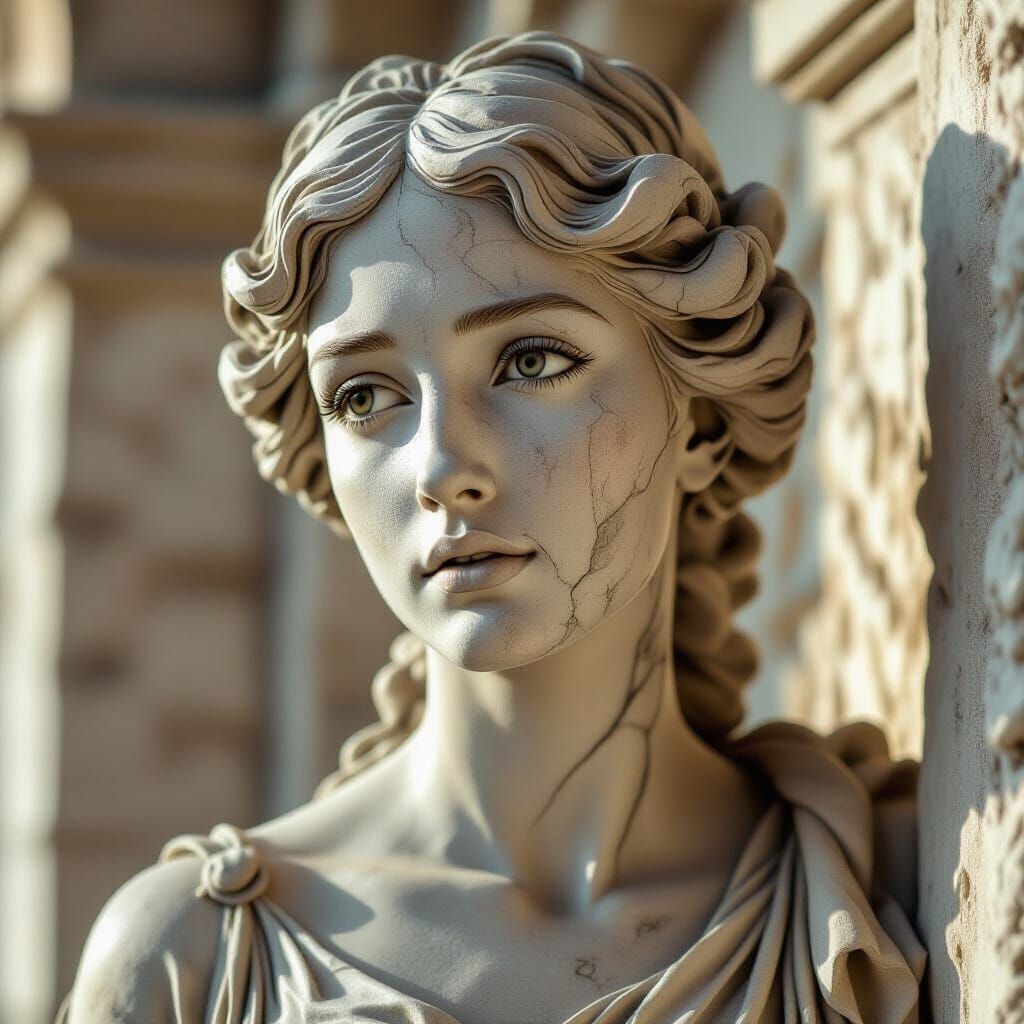 Woman Transforms into Stone Statue, Dramatic Lighting