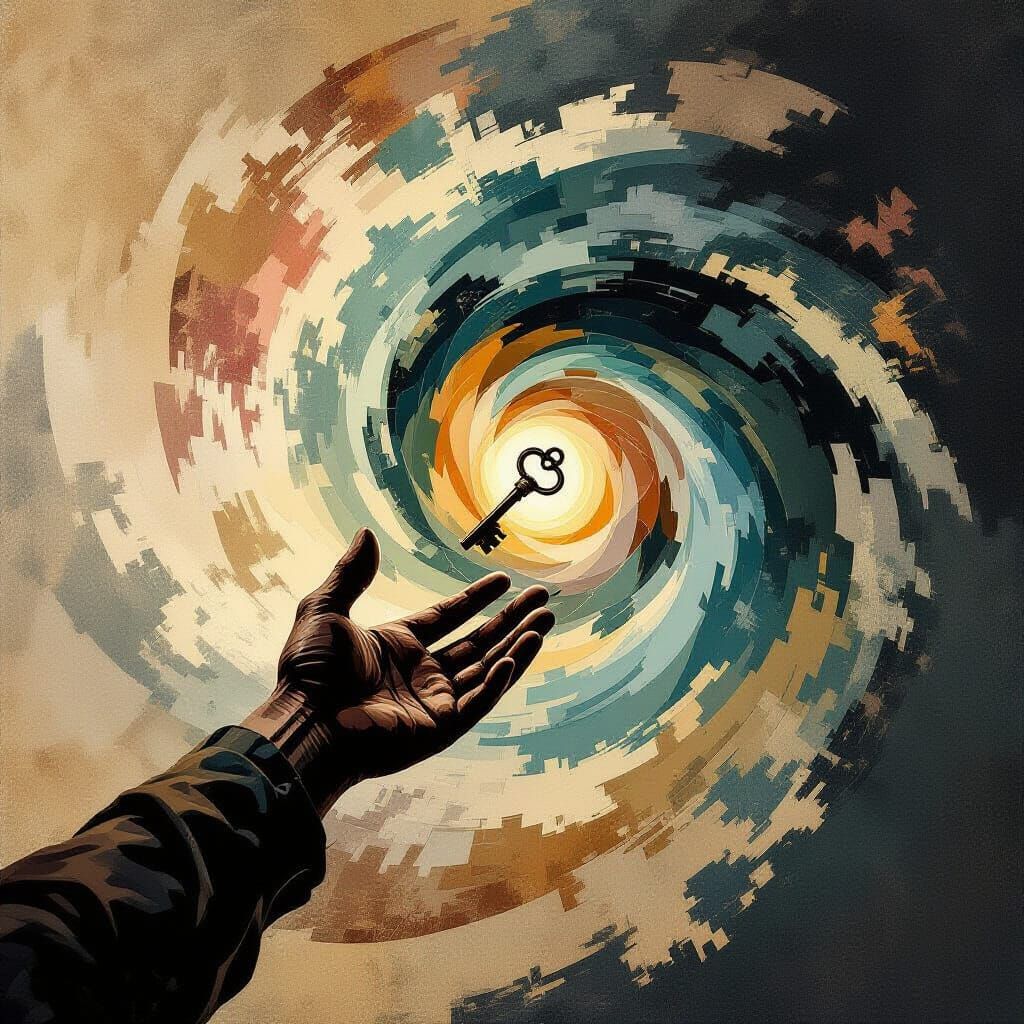 Surreal Hand Reaches for Vintage Key in Abstract Vortex