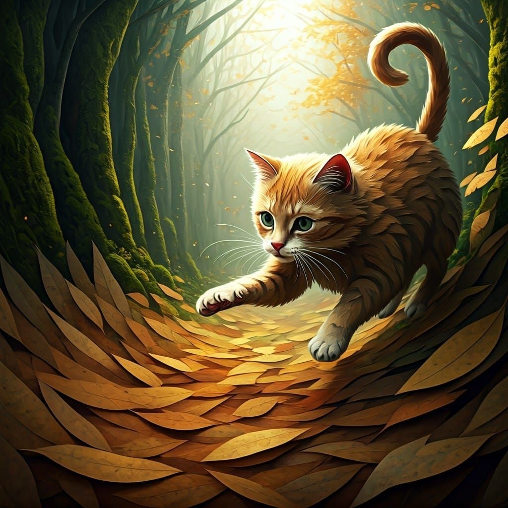 Paper Collage Cat Pouncing on Autumn Leaves