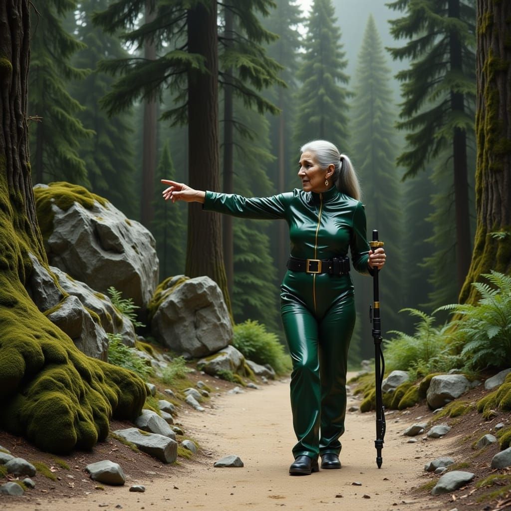 Elderly Woman in Green Latex in Forest