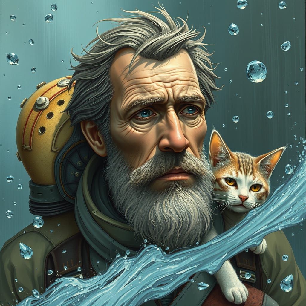 Weary Traveler with Robot and Cat in Sci-Fi Realism