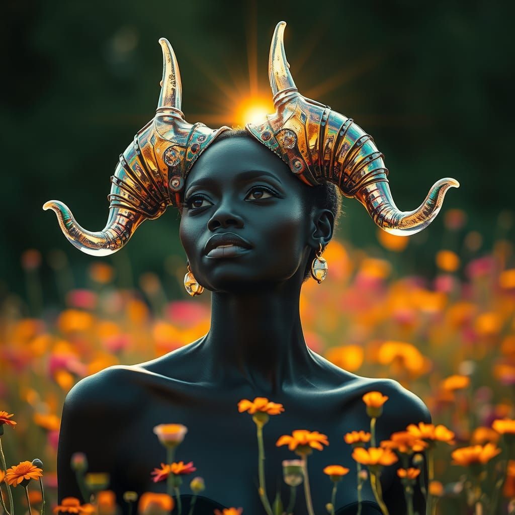 Surreal Woman with Rainbow Horns in Wildflower Field