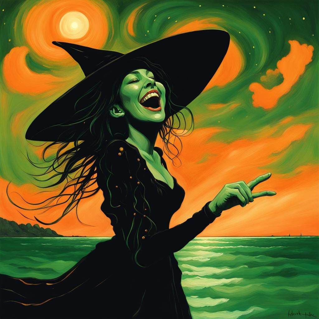 Neo-Impressionist Witch Laughing Under Orange Sky