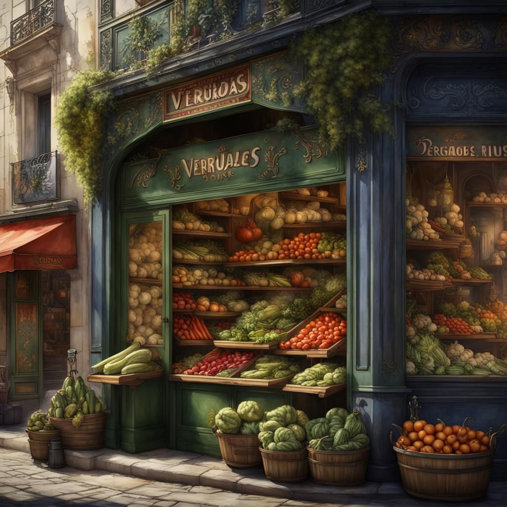 Parisian Vegetable Shopfront, Watercolor Style Painting