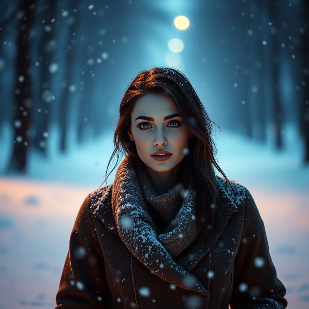 Hyperrealistic Woman Walking Through Snowy Landscape in Vibr...