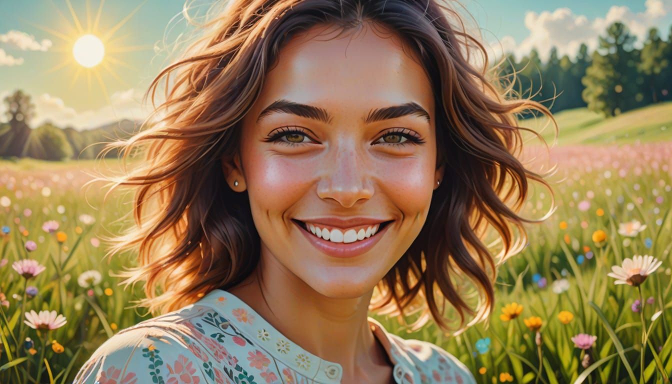 Dreamy Portrait of Woman in Sunny Meadow