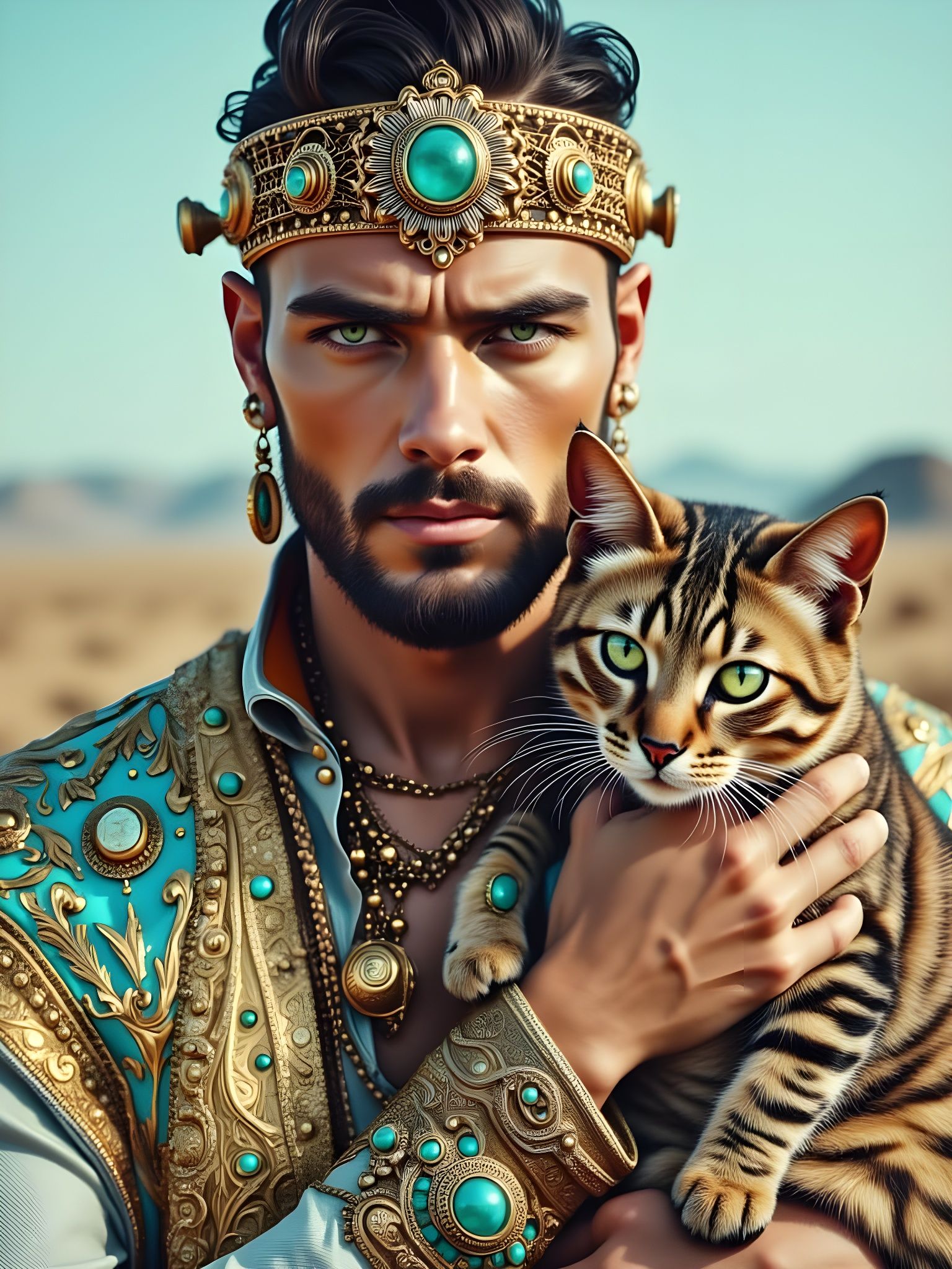 Portrait of Man with Cat in Detailed Realism