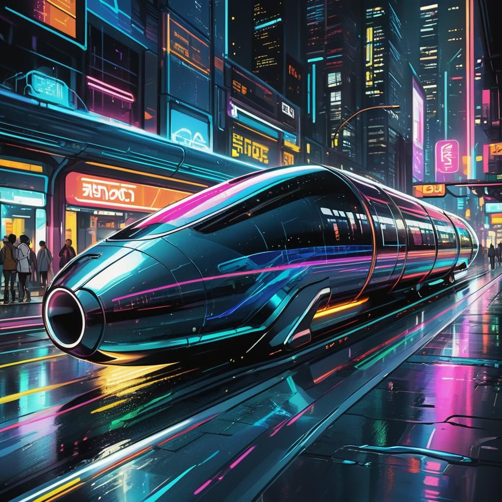 Hyperloop Pod Accelerates: Manga Style, Neon Cityscape