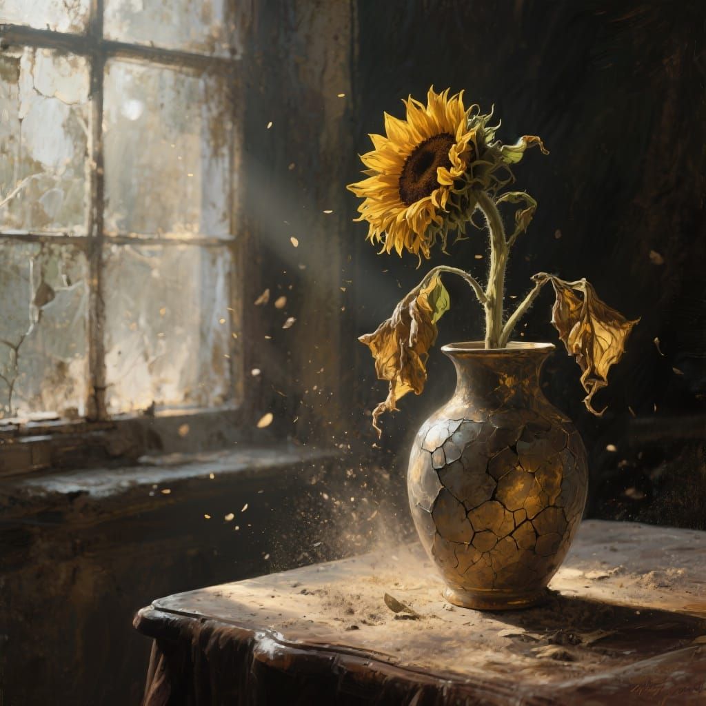 Withered Sunflower in Baroque Oil Painting Style