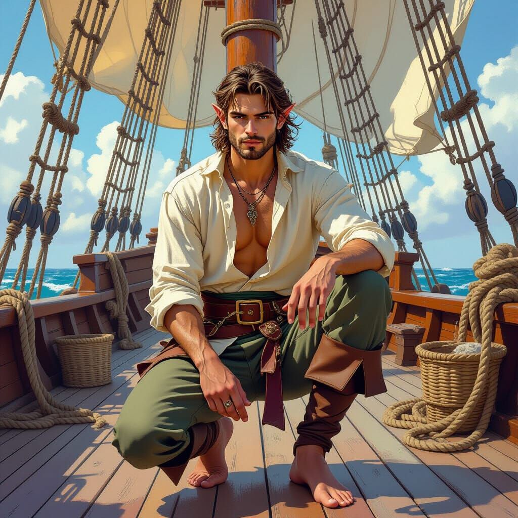 Heroic Elf on Pirate Ship, Detailed Illustration